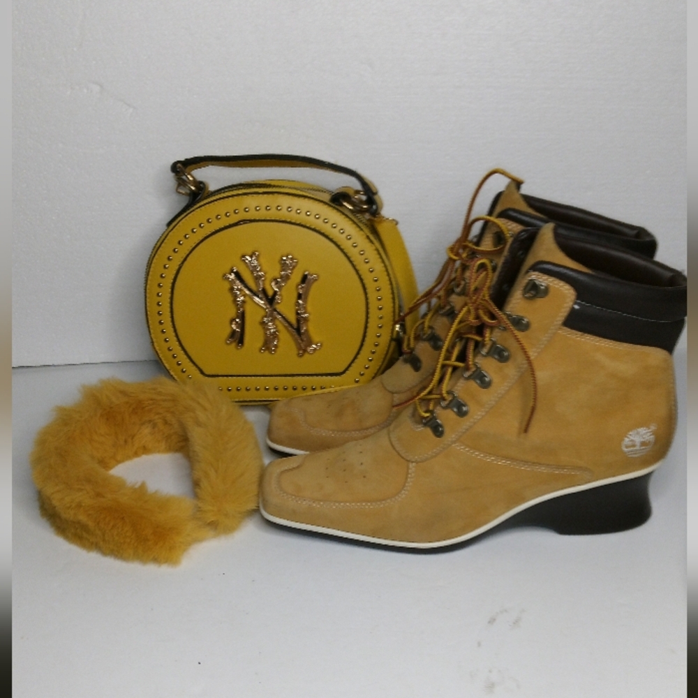 Timberland Tan Boots with Yellow Bag and Fur Headband